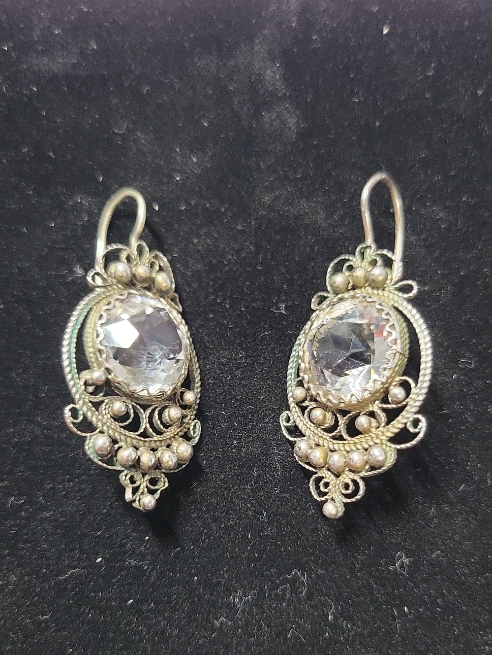 Vintage Silver Filigree Clear Crystal Drop Earrings - Women Jewelry